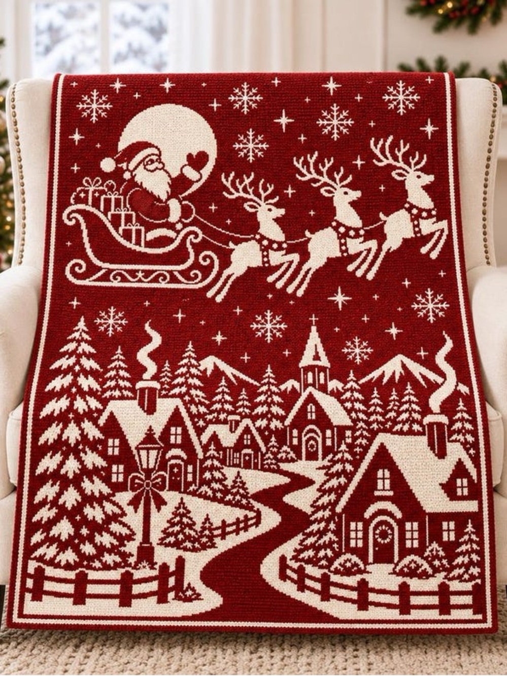 Holiday Santa Village Throw Blanket - Red